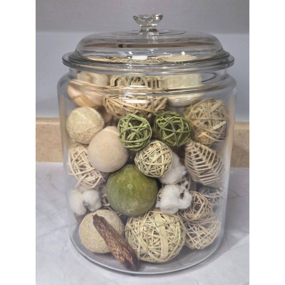 Large Decorative Lidded Glass Jar with Assorted Fillers, Orbs and Spheres Set